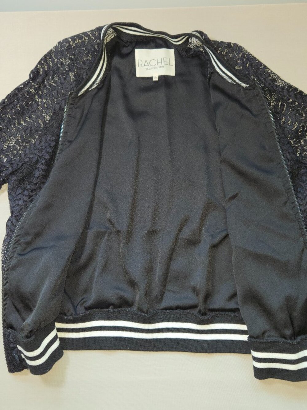 RACHEL ROY Lace Bomber Jacket. sz XL. Long Sleeve Zip Front Striped Trim Ruffle - Picture 8 of 16